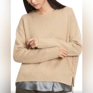 Vince Cashmere Side Lace-Up Crewneck Sweater in Light Brown